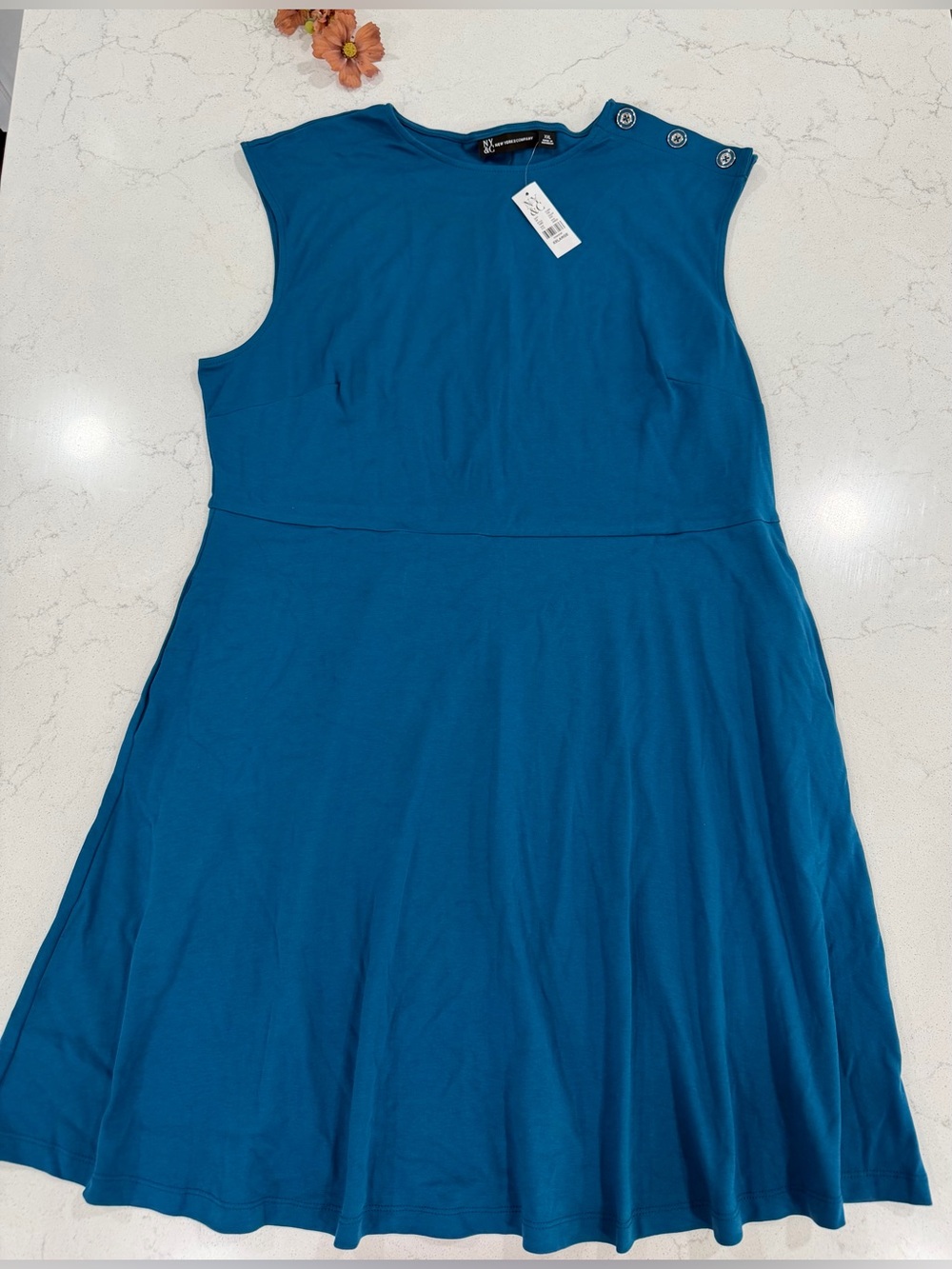 New York & Company Teal Button-Shoulder Short Sleeve Skater Dress